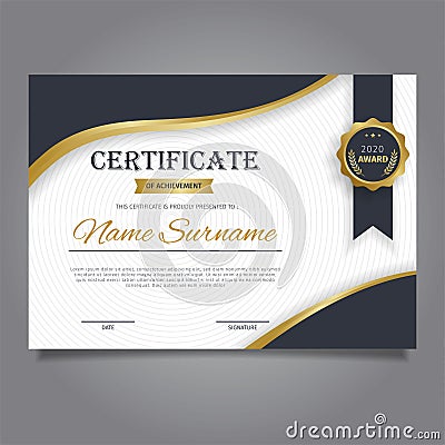 Stylish certificate template design in golden theme with badges Vector Illustration