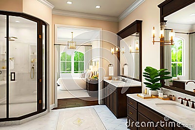 A stylish and chic bathroom with a glass shower enclosure and a pedestal sink. Generative Ai Stock Photo