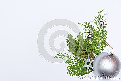 Stylish christmas composition with fir branches and decorations on white background Stock Photo