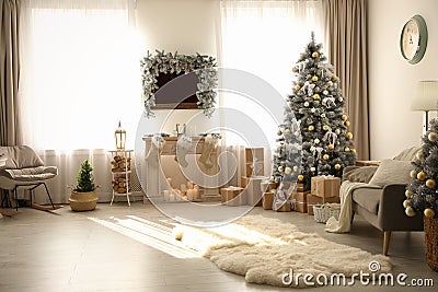 Stylish Christmas interior with decorated tree and fireplace Stock Photo