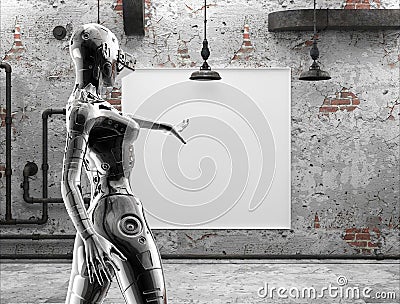 The stylish chromeplated cyborg the woman near pictures on a wall in the old room. 3d illustration. Cartoon Illustration