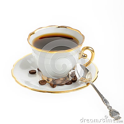 Stylish coffee cup with silver spoon and seed Stock Photo