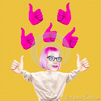 Stylish collage scene. Funny Girl character, Thumbs up. Social networks, like time, followers, promotion concept Stock Photo