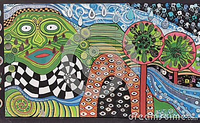 Stylish colourful street mural on a street of small New Zealand town Kawakawa in New Zealand Editorial Stock Photo