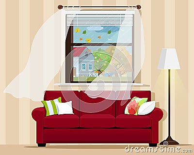 Stylish comfortable room interior with sofa, lamp, window and autumn landscape. Flat style. Vector Illustration