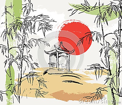 Stylish composition with bamboo, japanese gazebo and abstract shapes. Sunset in the garden. Idea for wedding invitations Vector Illustration