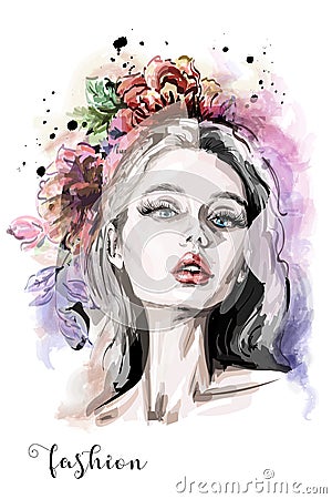 Stylish composition with hand drawn beautiful young woman portrait, flowers and watercolor blots. Fashion illustration. Vector Illustration