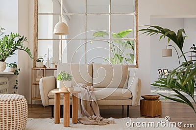 Stylish composition of modern living room with beige sofa, coffee table, pouf, plants and personal accessories. Home staging. Stock Photo