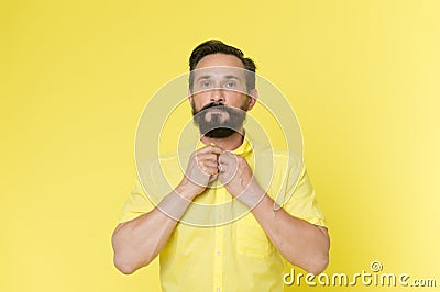 Stylish concept. Stylish man with beard button yellow shirt. Stylish and bearded. Casually stylish Stock Photo