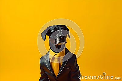 Stylish cool dog in a black business jacket, suit and black glasses as a successful businessman. Stock Photo