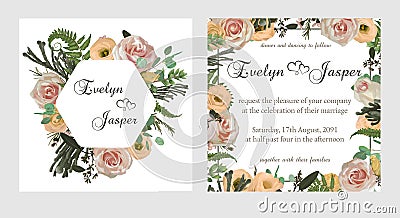 Stylish coral watercolor and flowers vector design cards. Flowers, eustoma cream, brunia, green fern, eucalyptus, branches. Vector Illustration