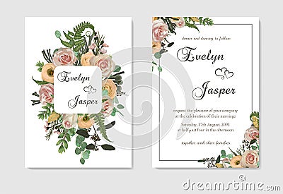 Stylish coral watercolor and flowers vector design cards. Flowers, eustoma cream, brunia, green fern, eucalyptus, branches. Vector Illustration