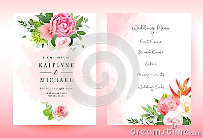 Stylish coral watercolor and flowers vector design cards Vector Illustration
