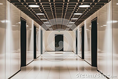 Stylish corridor with detailed ceiling, soft lighting, white floor, and minimalist door creating a tranquil atmosphere Stock Photo