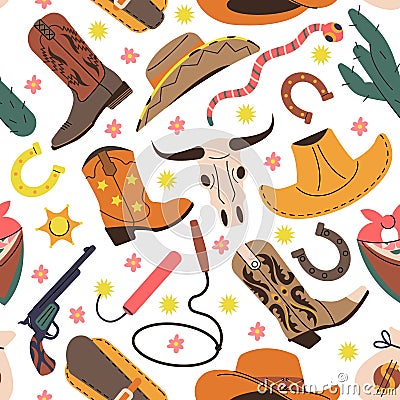 Stylish cowboy seamless pattern. Horseshoe, boots and hats wild west style. Fashion western rodeo print design Vector Illustration