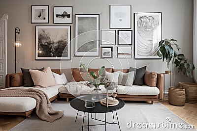 a stylish and cozy living room with a variety of wall art, including prints, photos and paintings Stock Photo