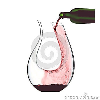 Stylish crystal decanter with red wine being poured into it. Stock Photo