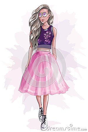 Stylish cute girl in pink skirt. Sketch. Vector Illustration