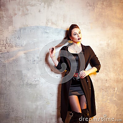 Stylish and daring brunette in black, portrait Stock Photo