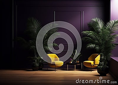 Stylish dark empty interior with yellow armchair. Interior design. Stock Photo
