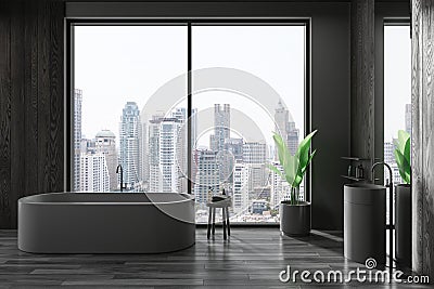 Stylish dark home bathroom interior with sink and bathtub, panoramic window Stock Photo