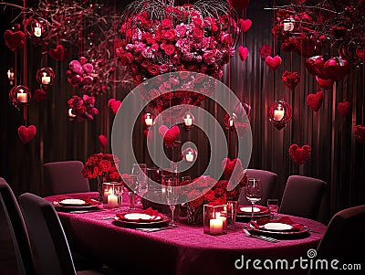 Stylish decorative original table setting in a restaurant for Valentine's Day, table design in red Stock Photo