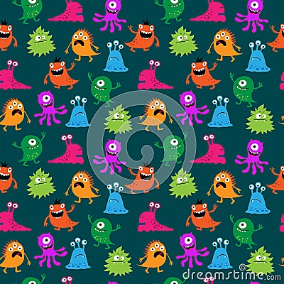 Stylish decorative seamless background with different monsters Vector Illustration