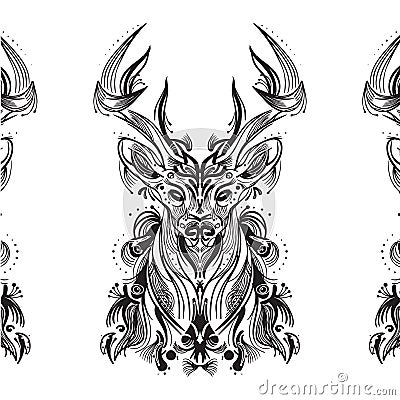 Black and white card with stylized deer Vector Illustration