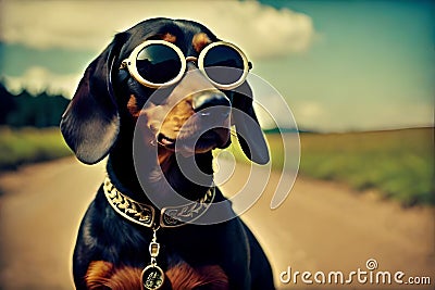 Stylish Dog in Shades , Unleashing the Trendy Side of Dog Fashion , When Dogs Rock Sunglasses with Attitude Stock Photo