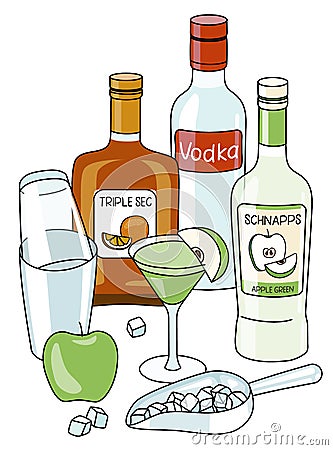 Stylish doodle cartoon appletini apple martini cocktail composition. Apple schnapps and vodka bottles, triple sec liquor Vector Illustration