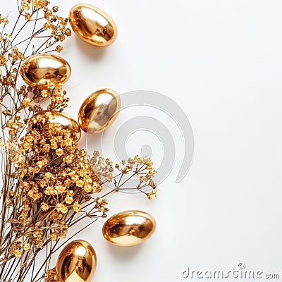 Stylish Easter gold eggs with golden dried flax linum bunch, white background Stock Photo