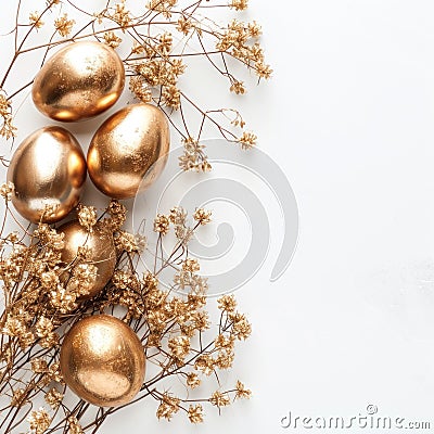 Stylish Easter gold eggs with golden dried flax linum bunch, white background Stock Photo