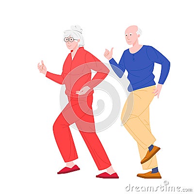 Stylish elderly running couple, vector flat illustration of characters isolated on white Vector Illustration