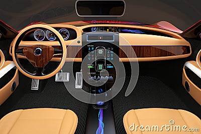 Stylish electric car interior with luxury wood pattern decoration. Stock Photo