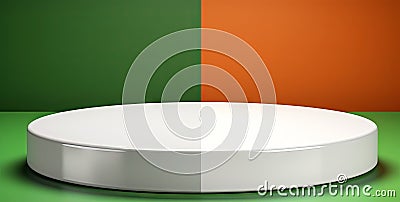 Stylish empty white gray podium for display product in front of an green orange wall Stock Photo