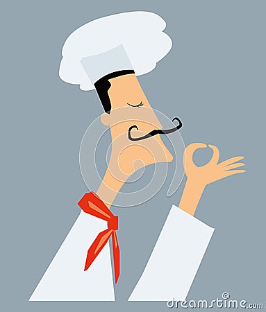 The stylish European chef with a mustache admires the smell of cooked food Vector Illustration