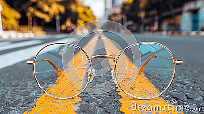 Stylish eyeglasses elegantly positioned on the pavement of a trendy urban street setting Stock Photo