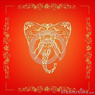 Stylish fancy tattoo tangle ornate elephant head, Ganesh Chaturthi festival, unique hand drawn ethnic outline, elegant silhouette Vector Illustration