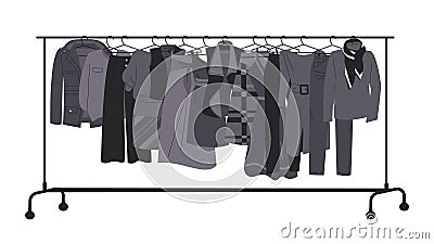 Stylish fashion black clothes on hanger. Flat dress, skirt and pants, jacket and scarf. Female outfits, wardrobe vector Vector Illustration