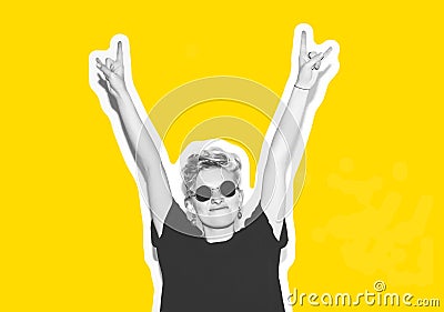 Stylish fashion blonde with short hair colorful collage. Crazy girl in a black t-shirt and rock sunglasses scream Stock Photo