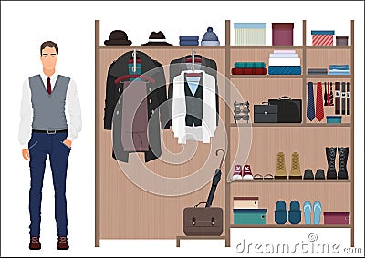 Stylish fashion man and men`s wardrobe. Vector Men`s dressing room design. Clothes and shoes on hangers. Vector Illustration