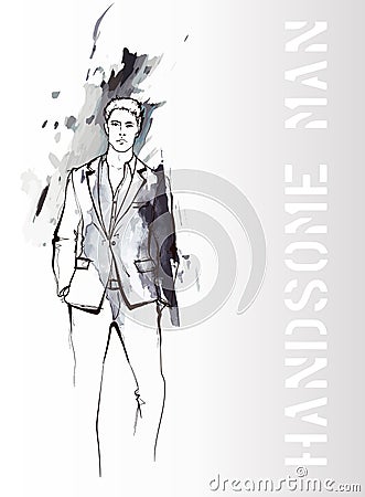 Stylish fashion man. Stylish handsome man in fashion clothes. Sketches on a gray background. Cartoon Illustration