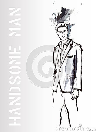 Stylish fashion man. Stylish handsome man in fashion clothes. Sketches on a gray background. Cartoon Illustration