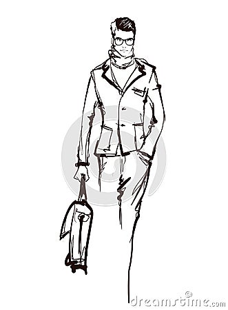 Stylish fashion man. Stylish handsome man in fashion clothes. Sketches on a gray background. Cartoon Illustration