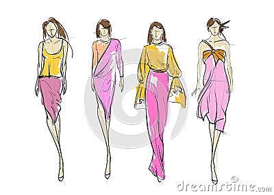 Stylish fashion models.. Fashion girls Sketch Vector Illustration