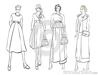 Stylish fashion models. Fashionable girls Sketch. Stock Photo