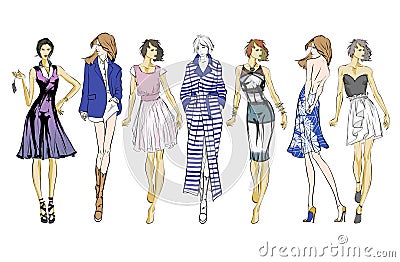 Stylish fashion models. Pretty young girls. Fashion womans Sketch Vector Illustration