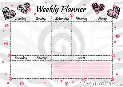 Creative weekly planner with heart animal texture and pink glitter sparkles. Vector Illustration