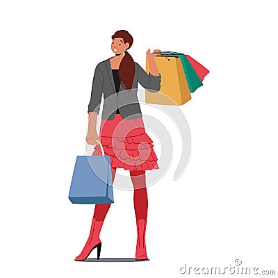 Stylish Female Buyer Shopping Fun, New Collection, Seasonal Sale, Discount. Shopaholic Girl with Purchases in Paper Bags Vector Illustration