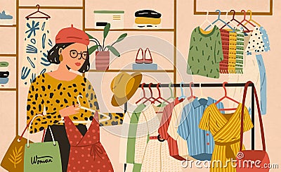 Stylish female choosing clothes in boutique vector flat illustration. Fashionable woman buyer holding apparel on hanger Vector Illustration